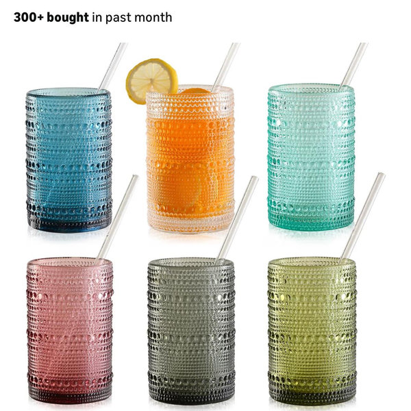 15oz Colored Hobnail Drinking Glasses Set of 6,Vintage Kitchen Glassware, Embossed Beaded Glass Cups,Water Tumbler for Cocktail,Juice and Various Mixed Drinks