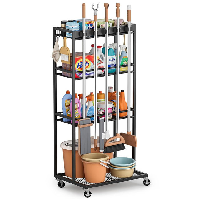 Olakee Taller Broom Holder with Cleaning Supplies Organizer, Broom Closet Storage Cabinet with Mop Hanger Gripper Rack Hooks, Housekeeping Janitorial Cart with Cleaning Caddy, Garage Home Improvement