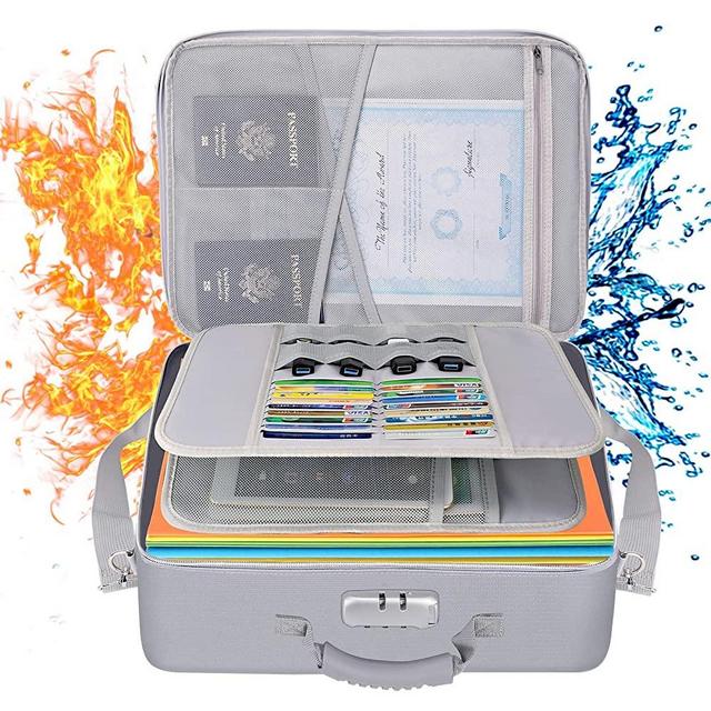 Tamfile 17.12 x 12 x 5.78 inches Large Fireproof Document Organizer File Storage Bag, Waterproof Travel Important Document Holder Box with Safe Lock and Shoulder Strap, Multi-Layer Storage Space…