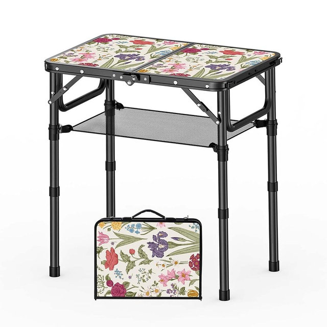 YihuiKo Small Camping Table, Vintage French Flowers Pattern Folding Table, Adjustable Height, Lightweight & Portable Outdoor Picnic Table with Carry Handle for Patio, Living Room, Travel