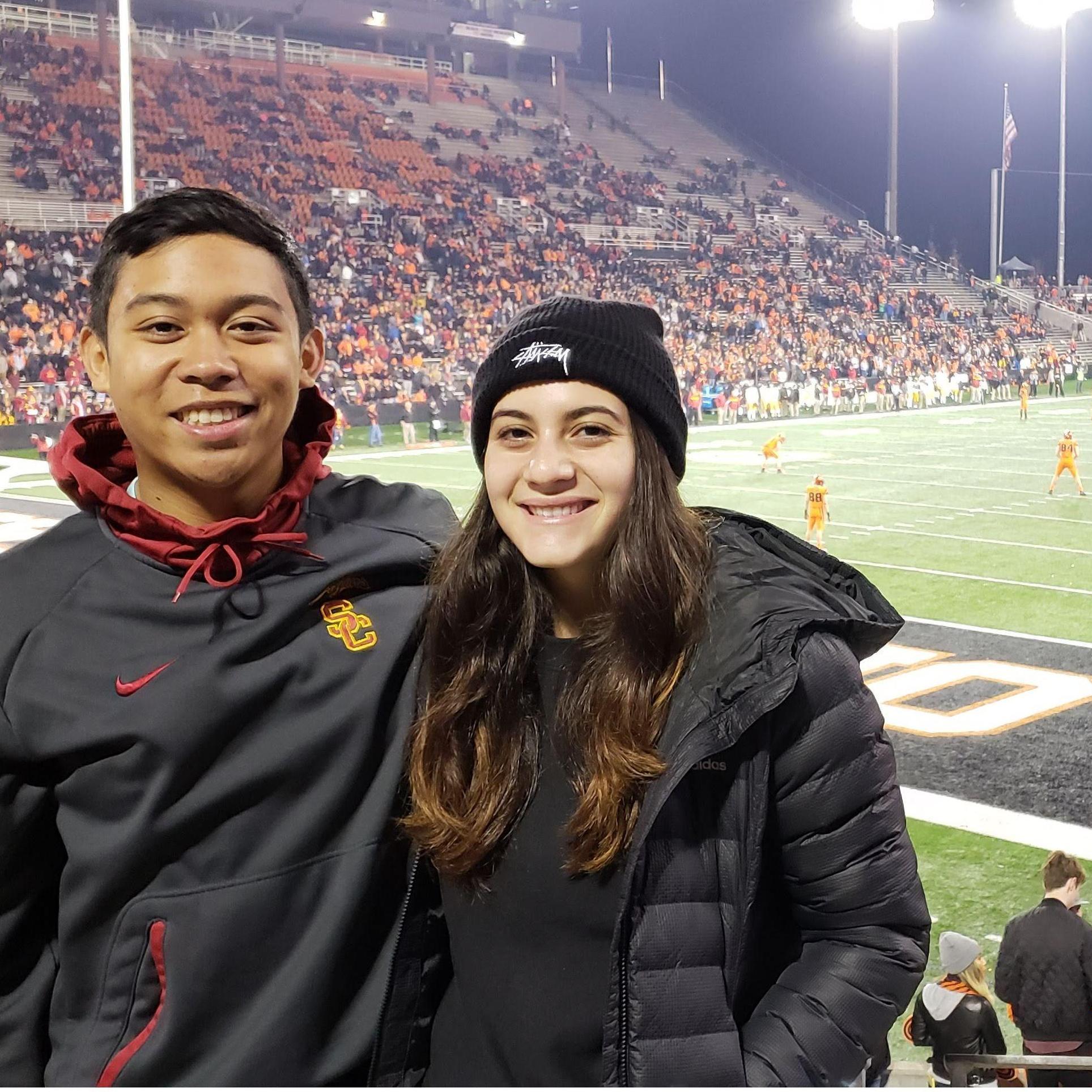 November 2018 - Vivien Lee being a good sport and coming with Nolan to watch the Trojans defeat the Beavers in Corvallis.