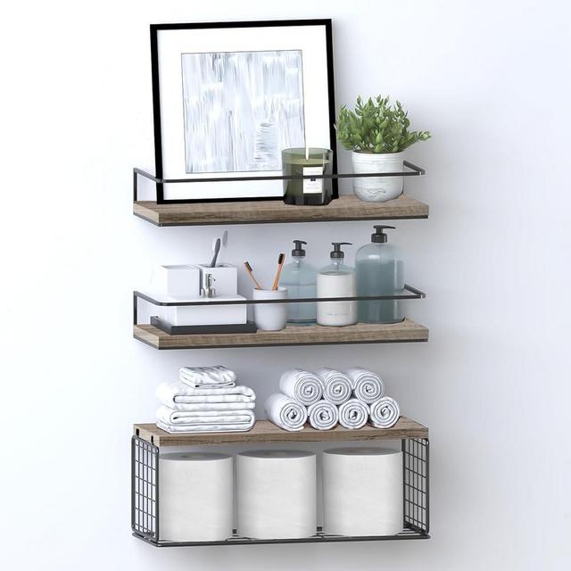 Floating Shelves Wall Mounted with Storage Basket and Protective Guards,Bathroom Shelves Over Toilet,Rustic Wood Shelves for Bedroom,Living Room,Kitchen,Wall Decor,Plants,Books-Oak