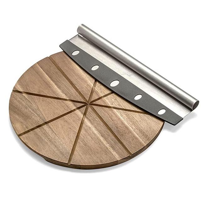 Hans Grill Pizza Cutter and Round Serving Board Gift Set | Professional Stainless Steel Food Slicer with 13.5" Acacia Wooden Board | Perfect for Slicing and Serving Pies, Pizza, Cake and Cheese