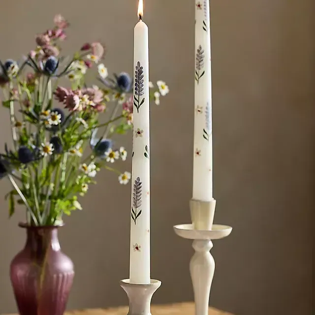 Painted Floral Taper Candles, Set of 2