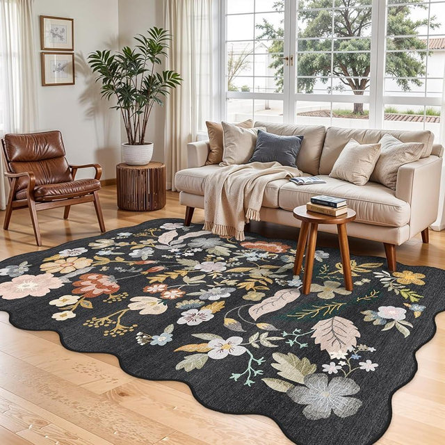 BYYVOO Scalloped Area Rugs 5x7: Floral Non-Slip Washable Living Room Rug for Bedroom Office Kitchen - Boho Wildflower Ultra Thin Soft Low-Pile Throw Carpet for Nursery Decor (5X7 Black)