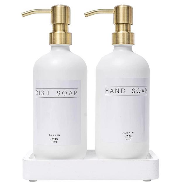 Janxin Glass Soap Dispenser for Kitchen with Stainless Steel Pump and Wood Tray, Modern Bathroom Soap Dispenser with Waterproof Labels for Hand Soap, Dish Soap, Lotion(White Bottles+Gold Pumps)