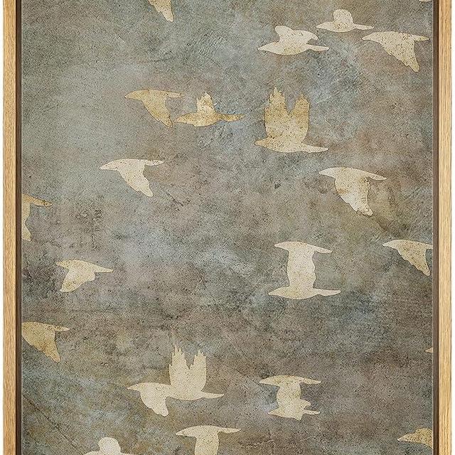 NWT Framed Canvas Print Wall Art Grunge Gold Flying Bird Collage Nature Wilderness Illustrations Modern Art Decorative Landscape Rustic Zen Colorful for Living Room, Bedroom, Office - 24"x36" Natural