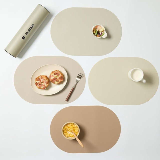 Beige Oval Silicone Placemats Set of 4 – Heat Resistant, Waterproof, Easy to Clean Non-Slip Modern Dining Table Mats – Premium Leather Textured Japandi Kitchen Decor