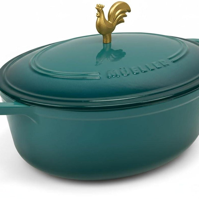 MÜELLERHOME 5.5 Quart Enameled Cast Iron Oval Dutch Oven, Rooster Knob, Heavy-Duty Cookware, Oven-Safe up to 500° F & Across All Cooktops, Cooking Pot with Lid, Gifts for Grandma & Women, Emerald