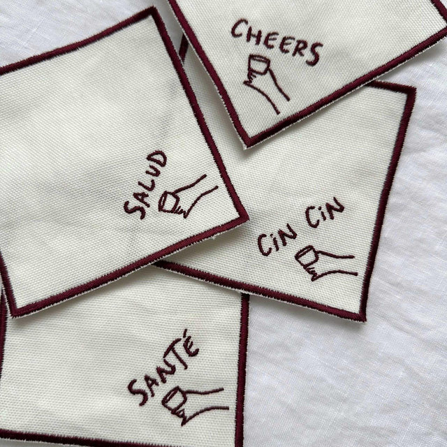 Cheers Embroidered Cocktail Coasters Napkins, Salud Sante Cin Cin, Anthropologie Oliver Bonas style coasters, aesthetic dinner party hosting