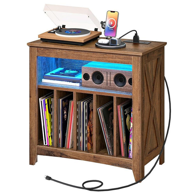 CHOEZON Record Player Stand with Charging Station and Light Strip, Vinyl Record Storage Holder, Holds up to 200 Albums, Turntable Stand Display Shelf, for Living Room, Bedroom, Walnut MBZ09UDHT