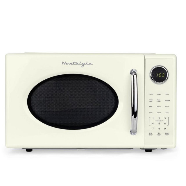 Nostalgia Retro 1000W Microwave Oven 1.1 Cu Ft Capacity – Child Safety Lock, 8 Auto-Cook Settings – Countertop Kitchen Appliance – Ivory