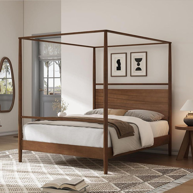 SOFTSEA King Size Canopy Bed Frame, Solid Wood 4 Posters Canopy Bed Frame, Canopy Platform Bed with Headboard, Mid-Century Canopy Bed for Bedroom, No Box Spring Needed, Walnut
