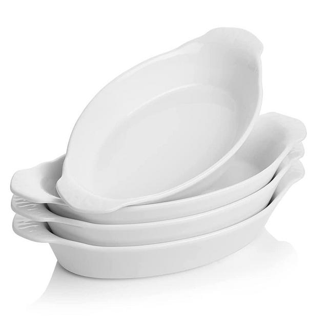 Sweese 534.401 Porcelain Oval Au Gratin Pans, Small Baking Dish, Bakeware with Double Handle, Set of 4, White