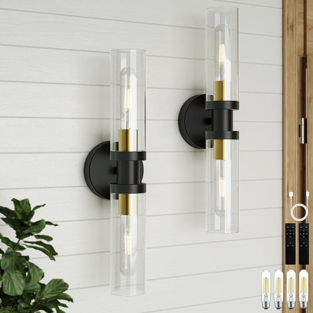 Rayogale Rechargeable Battery Wall Sconce Set of Two, 8000mAh Wireless, Dimmable, Timer, Remote, Touch Control, 3000K, USB-C Charging for Living Room, Bedroom Black Gold (Include 4 Special Bulbs)