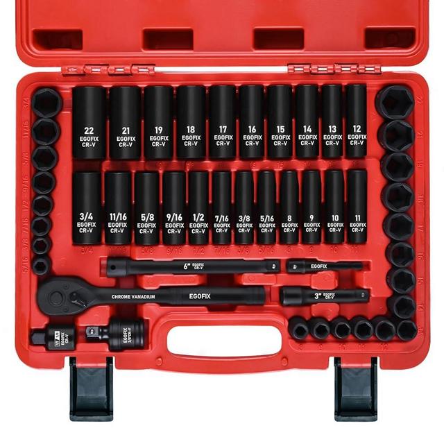 EGOFIX 3/8" Drive Impact Socket Set, 50 Piece Standard SAE (5/16 to 3/4 inch) and Metric (8-22mm) 6 Point, with Adjustable Ratchet Handle, Extension Bars, Impact Universal Joint, Adapter, Cr-V Steel