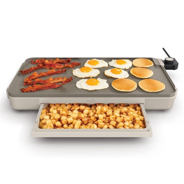 bella 12" x 22" Electric Griddle with Warming Tray, EverGood™ Ceramic Nonstick Coating & Removable Temperature Probe, Dishwasher-Safe Drip Tray & Cool Touch Handles, 1500 Watt, Oatmilk
