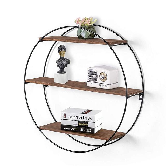 Joveco Wall Shelf Round Floating Shelves Sturdy Wood Metal Decorative Shelf for Living Room Bedroom Bathroom Kitchen Office (Dark Brown)