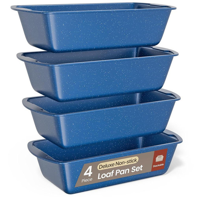 Nonstick Loaf Pan Set Pack of 4, Carbon Steel 11" Large Baking Bread Pan, Oven Safe Up to 450°F, PFOA, PFOS, PTFE Free, Space Saving Stackable Design, Stain Resistant, Dishwasher Friendly, Blue Marble