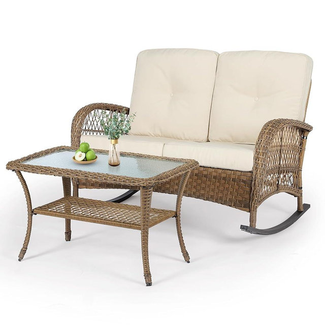 VIVIJASON Outdoor Wicker Loveseat Rocking Chair with Coffee Table, 2-Person Patio Rattan Rocker Sofa Set with Thick Cushions, All-Weather Loveseat Rocker for Porch, Backyard & Garden