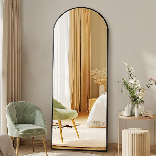 DUMOS 56"x15" Arched Full Length Floor Mirror, Full Body Mirror with Stand, Shatterproof Tempered Glass, Modern Aluminum Alloy Frame, Free Standing or Leaning for Home Decor, Black