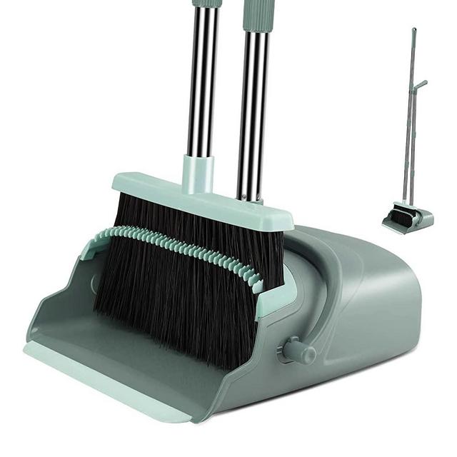 Kelamayi Broom Dustpan Combo Set Standing Dustpan Broom with Stainless Long Handle 44.5"-55.9" Sweep Set Broom Dustpan Set Upright for Home Kitchen Room Office Lobby Floor Cleaning