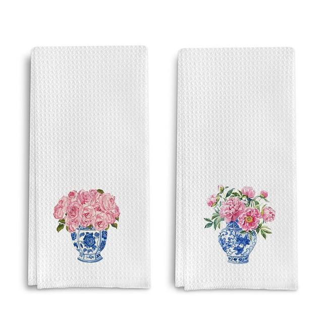 Qpenm Blue and White Porcelain Chinoiserie Dish Towels Set of 2, Pink Floral Decorative Hand Towels for Bathroom and Kitchen, 16x24 Inches