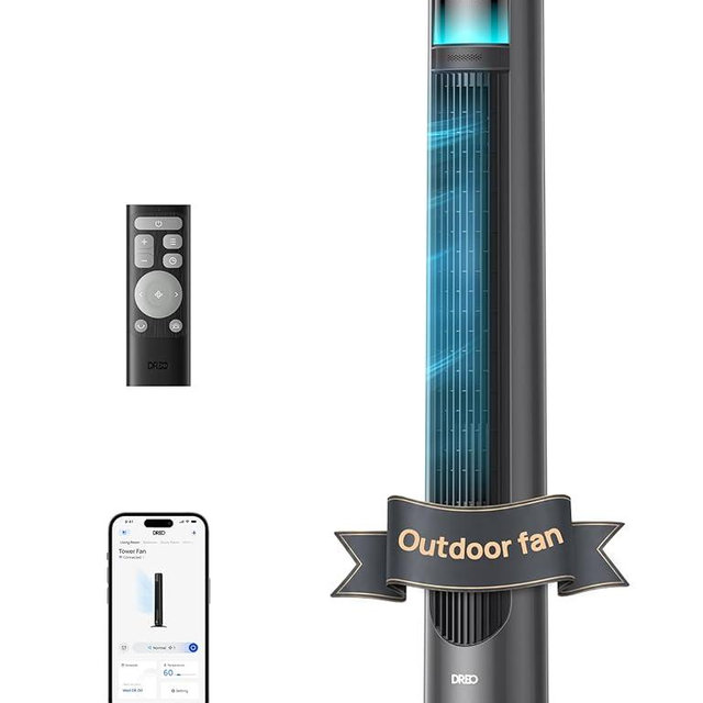 DREO Smart Tower Fan for Indoor & Outdoor Use, 33 ft/s High Velocity, 12 Speeds, 4 Modes Standing Floor Fan, 150° Customizable Oscillating, 20 dB Quiet DC Motor for Bedroom, Weather Resistant