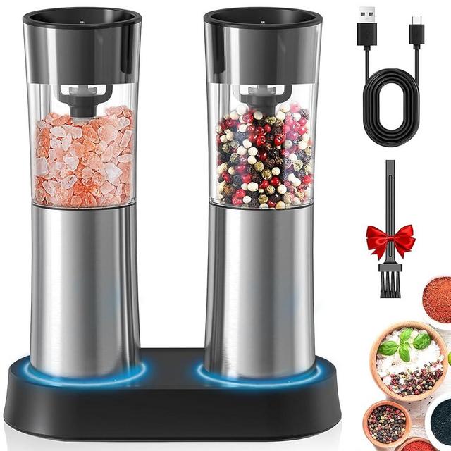 Sobtoe Newest Gravity Electric Salt and Pepper Grinder Set, Rechargeable Automatic Salt and Pepper Mill Grinder with Adjustable Coarseness, Electric Salt and pepper Shakers, LED Light, (2 Packs)