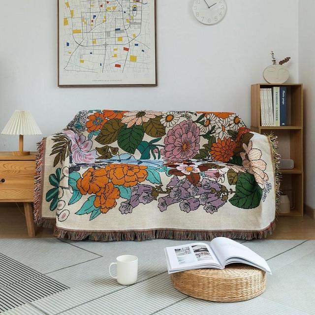 DREAMINGO Chic Farmhouse Sofa Cover Blanket Floral Jacquard Couch Cover for 3 Cushion Couch Sofa Sectional Couch Cover Universal Furniture Protector Tassel Trim Throw Covers for Sofa, 71"x150"