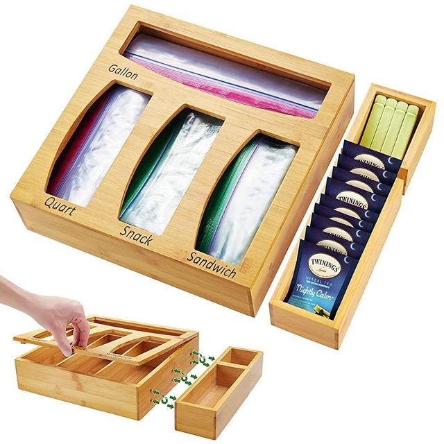 Ziplock Bag Storage Organizer for Kitchen Drawer, Bamboo Baggie Organizers Holder, Food Storage Bag Holders and Dispenser Compatible with Gallons Quarts, Sandwiches, Snacks