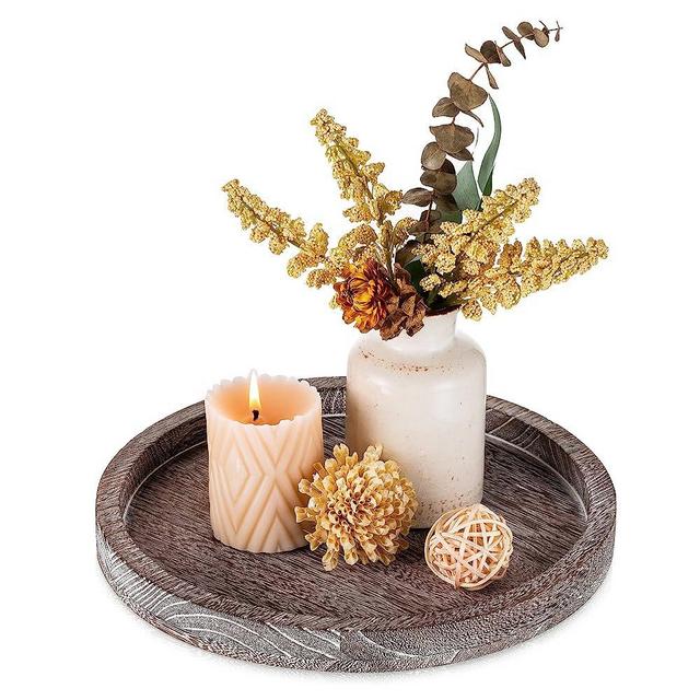 Wooden Decorative Tray Candle Holder: Romadedi Round Wood Tray Home Decor, Small Rustic Trays for Coffee Table, Ottoman, Table Centerpieces for Dining Room, Living Room, Farmhouse, Washedwhite