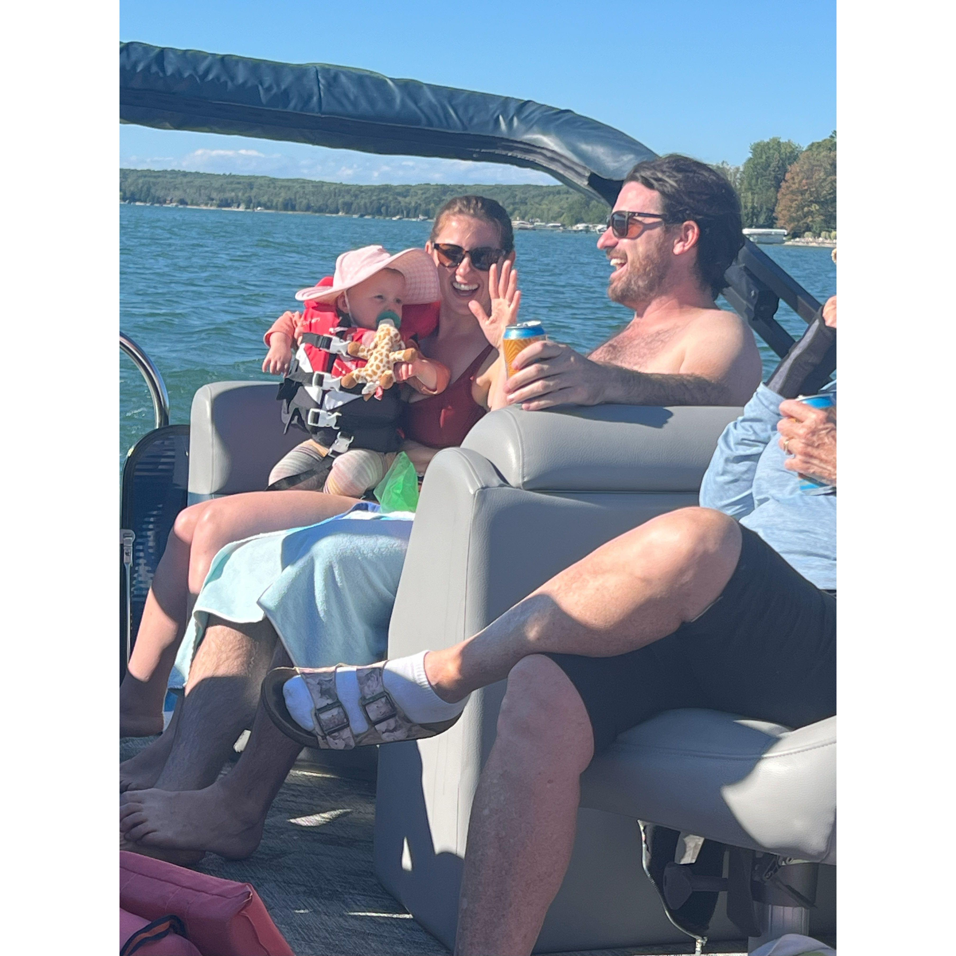 Tommy, Ava, and Frankie on Burt Lake, on the way home from Indian River. September 2024.