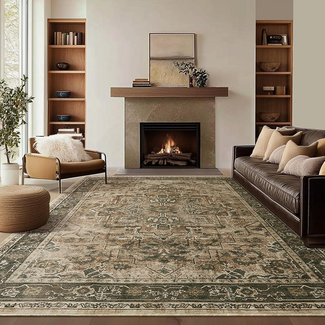Jainmy Vintage Distressed 8x10 Rugs for Living Room Bedroom, Washable Non Slip Dining Room Rugs for Under Table, Low Pile Thin Soft Carpet Moody Medallion Pattern Printed, Multi Brown/Olive Accents