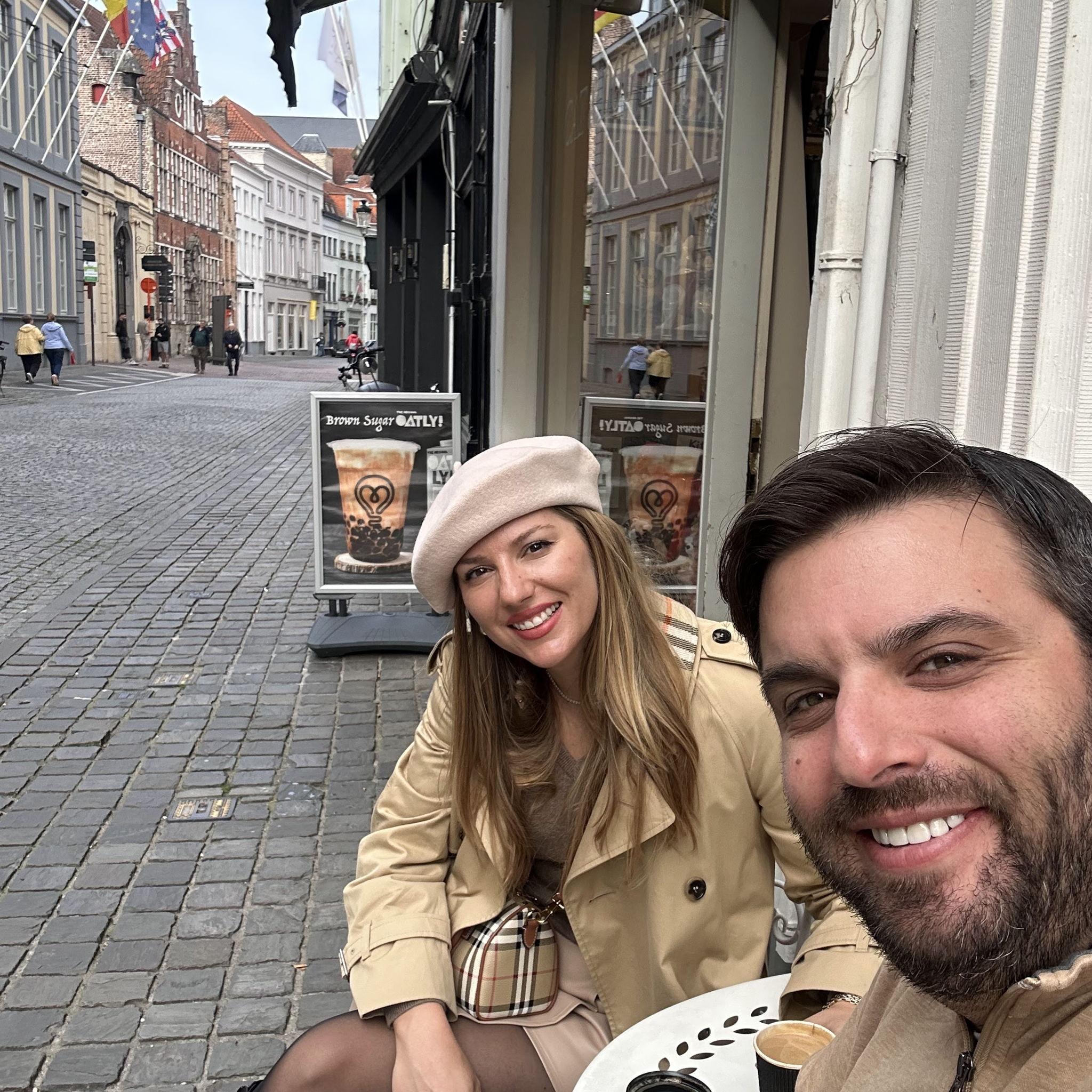 Having some coffee in Bruges.