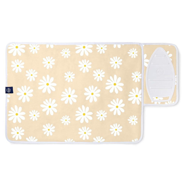 Encasa Homes Ironing Mat/Pad (Small 28"x20") with 3mm Padding & Silicone Iron Rest for Steam Pressing on Tabletop or Bed - Heat Resistant, Portable, Quilting & Travel Blanket - Daisy Beige