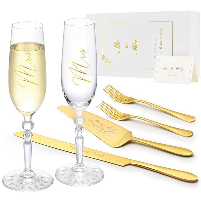 BEKESIN Wedding Cake Knife and Server Set with Forks, Classical Style Crystal Champagne Flutes Toasting Glasses for Bride and Groom, Wedding Gifts for Couples, Engagement and Bridal Shower Gifts