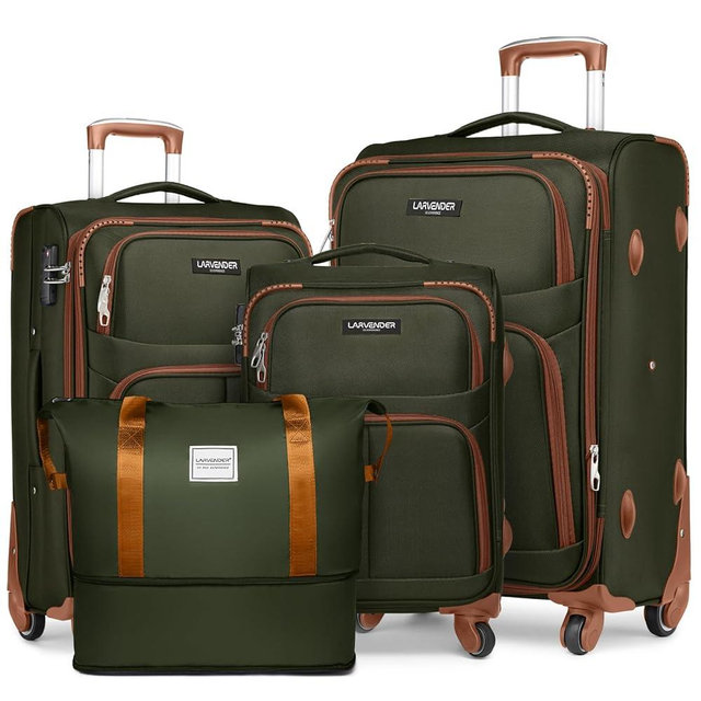 LARVENDER Softside Luggage Sets 4 Piece with Duffel Bag, Expandable Rolling Suitcases Set with Spinner Wheels, Lightweight Travel Luggage Set with TSA-Approved Lock, Green/Brown (20/24/28)"