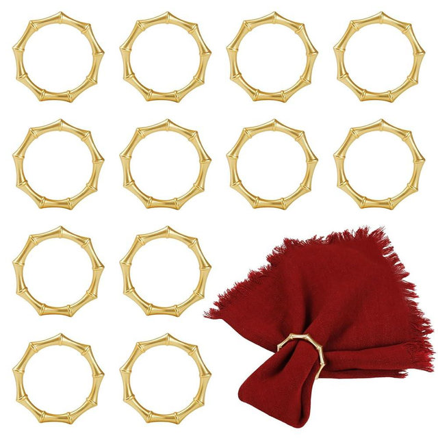 Gold Metal Bamboo Napkin Rings Set of 12-Inspired Gold Napkin Rings - Enhance Your Table Decor for Weddings, Family Dinners, Parties, Christmas, Thanksgiving, and Birthdays