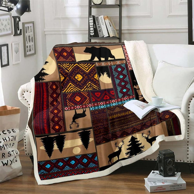 Deer Moose Bear Fleece Blanket Throw 50"X60",Boho Aztec Sherpa Blanket Western Rustic Woodland Throw Blanket For Bed Sofa Couch,Pine Tree Red Brown Stripe Bed Blanket For Country Lodge Cabin Decor