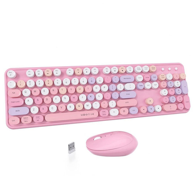 UBOTIE Colorful Computer Wireless Keyboard Mice Combo, Retro Typewriter Flexible Keys Office Full-Sized Keyboard, 2.4GHz Dropout-Free Connection and Optical Mouse (Pink-Colorful)