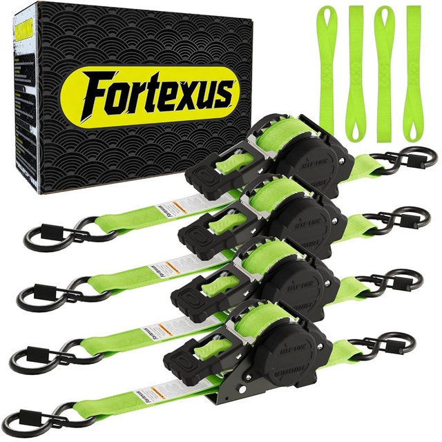 Fortexus Retractable Ratchet Straps,1'' x 12' Heavy Duty Tie Downs Automatic Retractable Ratchet Straps 1760lb Break Strength for Trailer,Motorcycle,Scooter,Pickup Truck,UTV,Kayak(Neon Green,4 Pack)