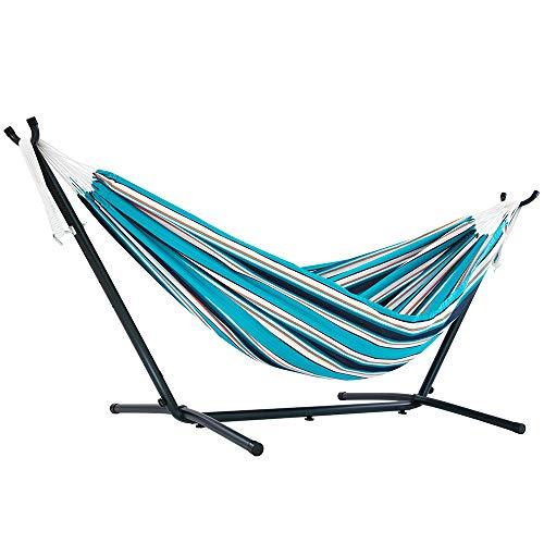 Vivere Double Sunbrella Hammock with Space Saving Steel Stand, Token Surfside (450 lb Capacity - Premium Carry Bag Included)