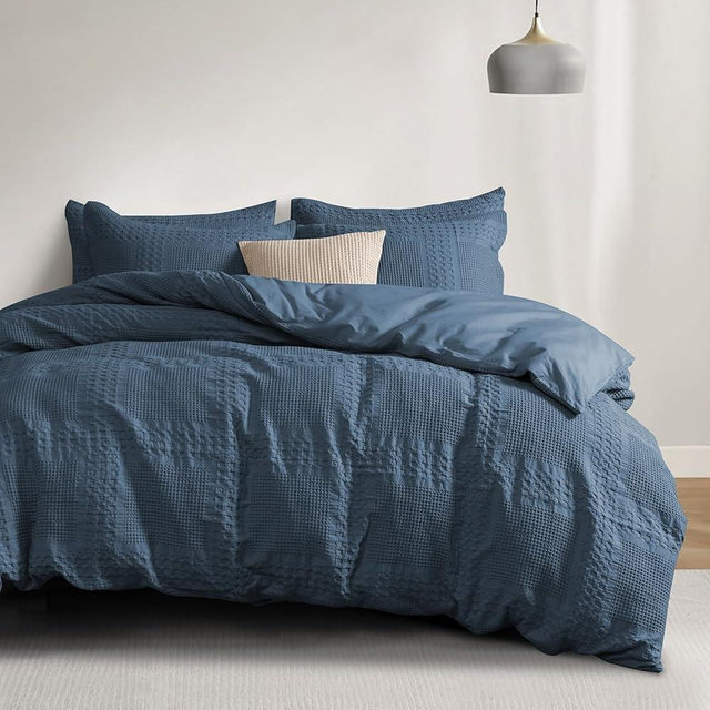 PHF 100% Cotton Waffle Duvet Cover Queen Size, 3 Pieces Soft Breathable Duvet Cover Set for All Season, Pre-Washed Decorative Textured Comforter Cover with 2 Pillow Shams, 90"x92", Navy Blue
