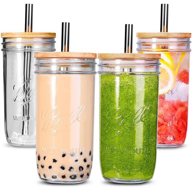Bubble Tea Cups 4 Pack 24 oz, Reusable Wide Mason Mouth Smoothie Cups, Iced Coffee Cups With Bamboo Lids and Silver Straws Mason Jar Drinking Glasses Cups, Travel Glass Drinking Bottle