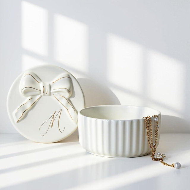 COLLECTIVE HOME - Monogram Jewelry Box with Bow, Christmas Gift Ideas for Women, Small Gift for Girlfriend Wife, Ring Holder, Earrings Dish, Birthday Gift for Her (M)