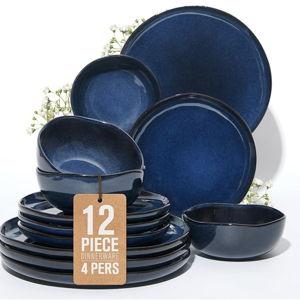 Ceramic Dinnerware Sets, Microwave Safe Plates and Bowls Sets, Kitchen Dishes Set for 4, Unbreakable & Dishwasher Safe Tableware, Everyday Use, Starry Blue