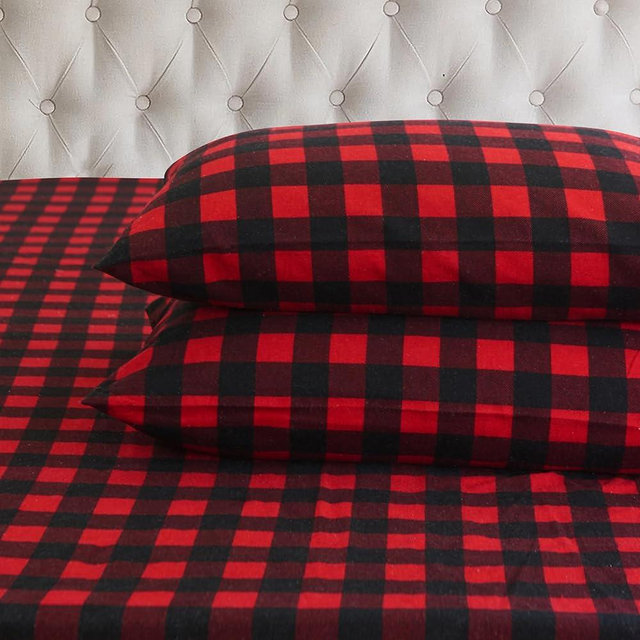 Elegant Comfort Ultra Soft 4-Piece 100% Turkish Cotton Flannel Sheet Set - Buffalo Check Plaid Flannel Sheets, Warm and Cozy Premium Quality, Deep Pocket Fitted Sheet- King, Burgundy