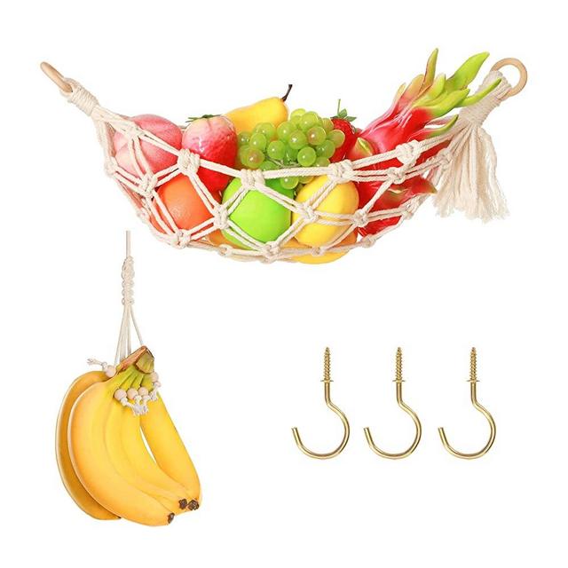 Macrame Fruit Hammock for Under Cabinet, Handwoven Banana Hammock Fruit Holder, Produce Fruit and Veggie Storage Hammock, Clever Space Saving And Boho Kitchen Decor for Home/Boat/Camper/RV