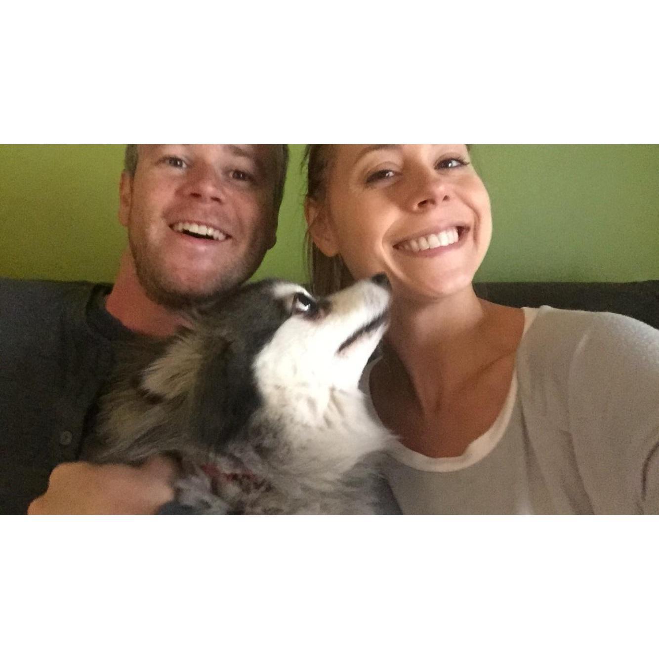 April 2015 - Family photo with our sweet old landlord's dog Maya before moving out of our first rental in Manhattan Beach